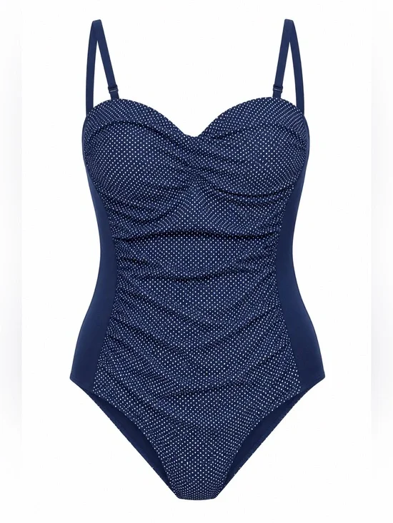 Nip Tuck Swim One Piece Swimsuit Navy Blue Polka Dot Ruched Multi Fit Cup - 6