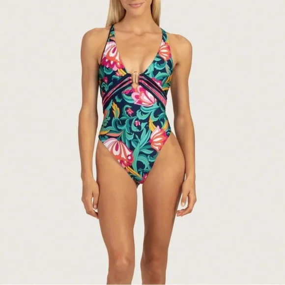 Trina Turk India Garden Plunge One Piece Swimsuit NWT