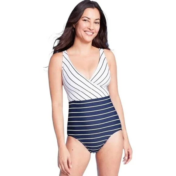Kona Sol Striped One Piece Swimsuit in Navy and White Size S NWT