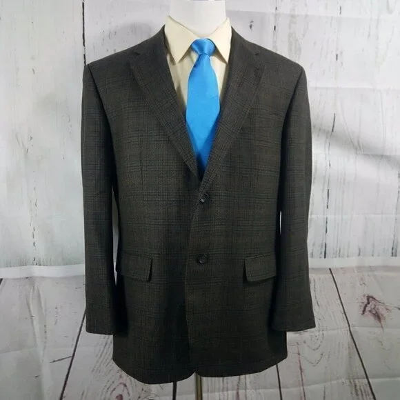 Oscar de la Renta 44R Lambswool Blend 2 Btn Brown Plaid Suit Blazer Sport Coat