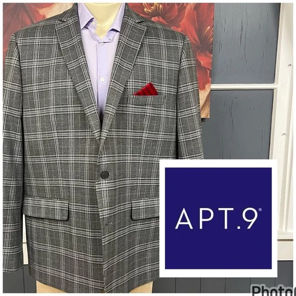 APT.9 Blazer Jacket Sport Coat Mens 48R Slim‎ Fit Polyester Blend Stretch Gray
