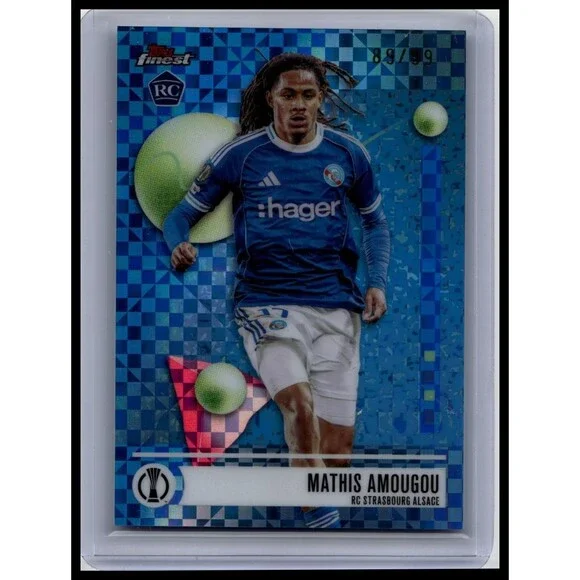 2025-26 Finest UEFA Mathis Amougou #127 RC Strasbourg Blue Checkerboard #/99