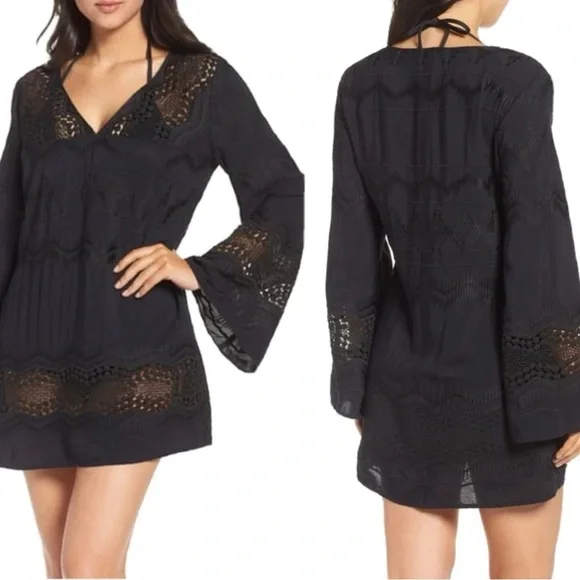 La Blanca Black Crochet V Neck Swim Cover Dress