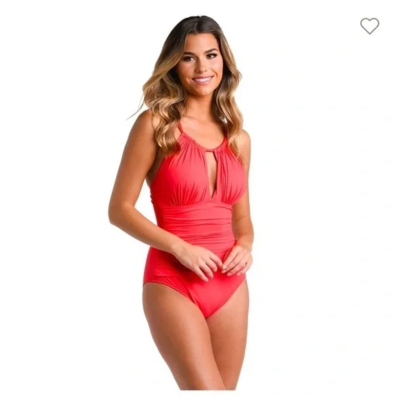 NWT La Blanca Island Goddess Keyhole High Neck Guava One Piece Swimsuit Size 16