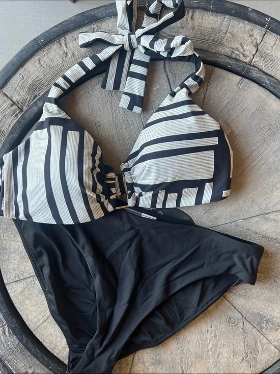 Hot ! Calia Striped Black & greyish White Halter Bikini Set Medium