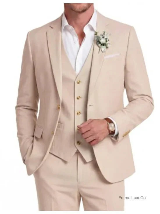 3 Piece Linen Blend Suit Set - Lightweight Blazer Vest Pants for Wedding