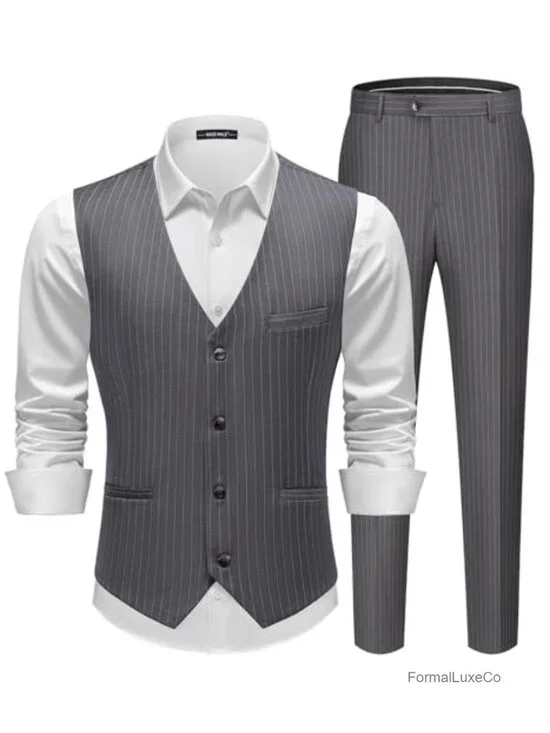 Men's Pinstripe Suit 2 Piece Vest and Pants Set Slim Fit Wedding Groomsmen Prom