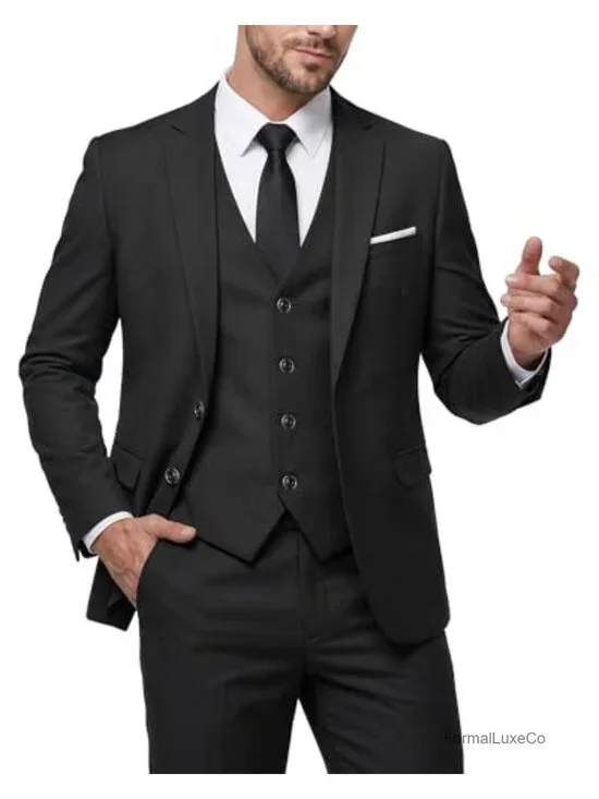 3 Piece Slim Fit Suit Set with Blazer Vest Pants Tie Buttons Men's