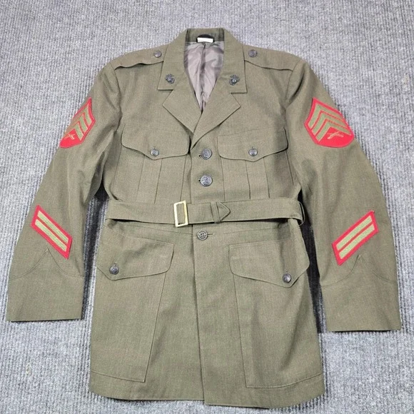 WWII Era USMC Enlisted Service Coat 44S Wool Sgt‎ Chevron Patches Green Vintage