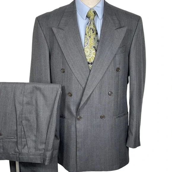 Botany 500 Suit Men 44L 35W 30L Athletic Fit Gray Multi Stripe Double‎ Breasted