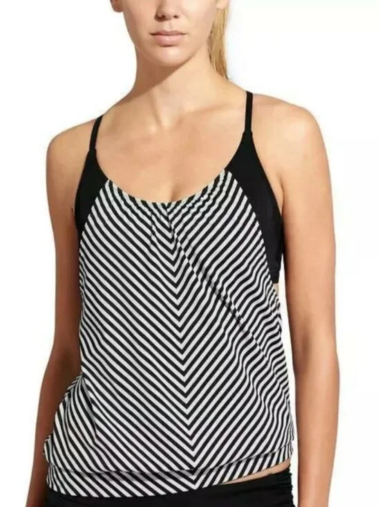 Athleta 34 d/dd Tankini Top Slash Stripe Blousy Swimsuit Black White Beach Sport