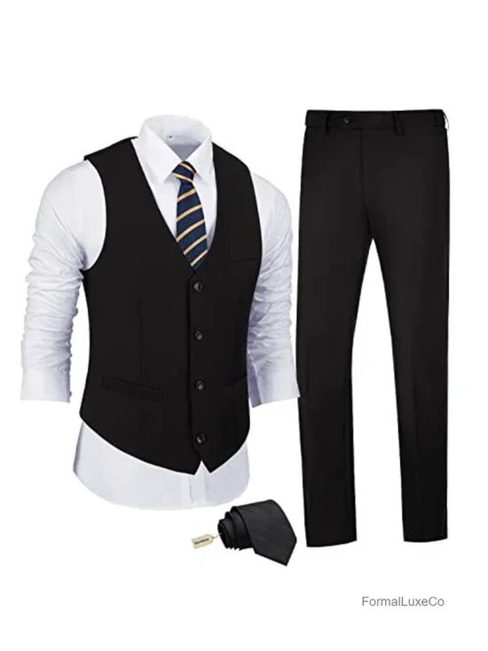 Men's 3 Piece Slim Fit Suit Set with Vest Pants and Tie, Formal Wedding Prom