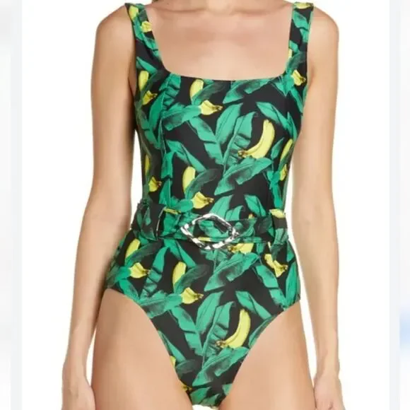 Ganni Women's Green Banana Tree-Print Recycled Belted One-Piece Swimsuit Size 52