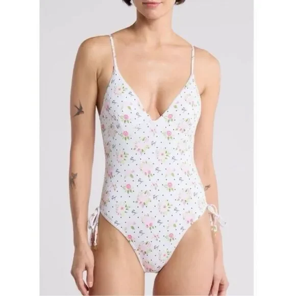 Betsey Johnson Polkadot Bouquet One Piece V-Neck Swimsuit