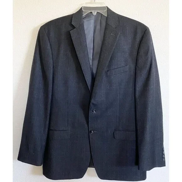 Calvin Klein Sport Coat Mens 42R‎ Charcoal Gray Excellent Wool Plaid Blazer