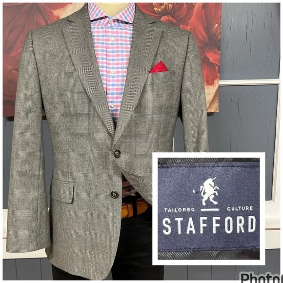 Stafford Year Round Blazer Jacket Sport Coat Mens 42R‎ Wool Polyester Plaid Gray