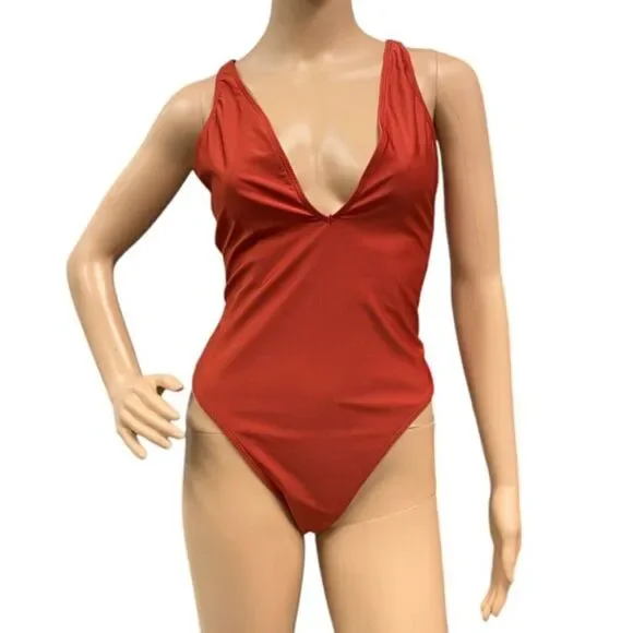 ASOS Burnt Orange One-Piece Swimsuit Bathing Suit Strappy Back Design Sz 8