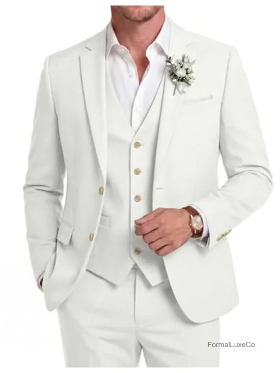 Men's 3 Piece Linen Suit Lightweight Blazer Vest Pants Set Wedding Business Prom
