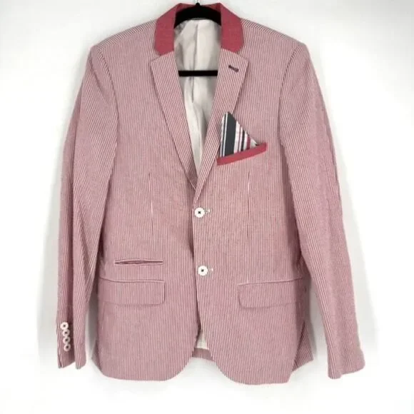 Paisley & Gray Men's Slim Fit‎ Seersucker Cotton Blazer Red White Striped Small