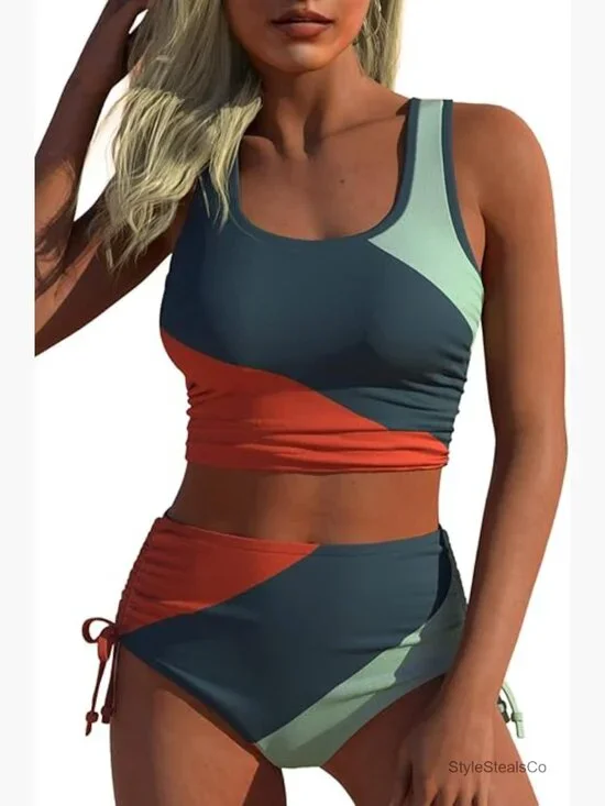 High Waisted Bikini Set - Sporty Two Piece Swimsuit Vest Top Full Coverage
