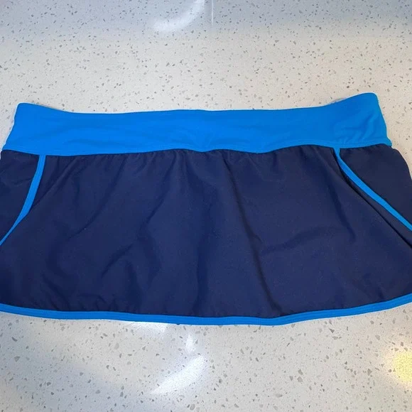 Tropical Escape Womens Navy Blue Turquoise Swim Skirt Built-in Brief Size 18