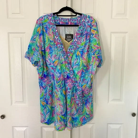 NWT Swim 365 Faux Wrap Tankini Top Tunic Rainbow Tie Dye Palm Size US 32 4XL