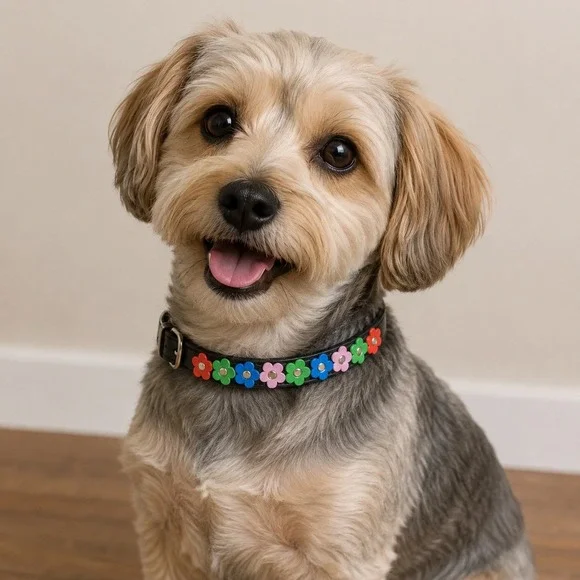 Dukes Pet Products Black Faux Leather Flower Dog Collar Color Studded 14.5in