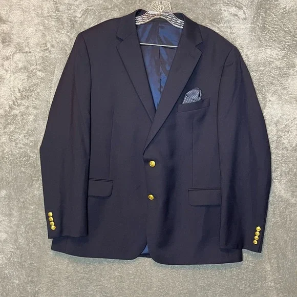 Lauren Ralph Lauren Navy Gold Wool Blend Blazer Jacket Mens 46R Natural Stretch