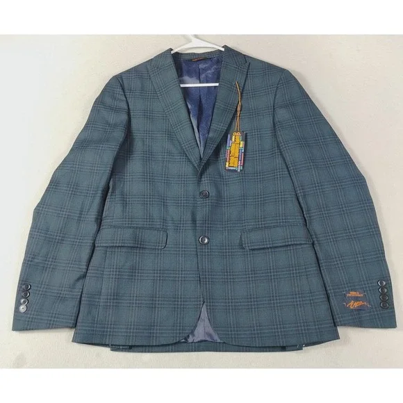 Egara Blazer Mens 40S Blue Plaid Skinny Fit Stretch Sport Coat Formal Business