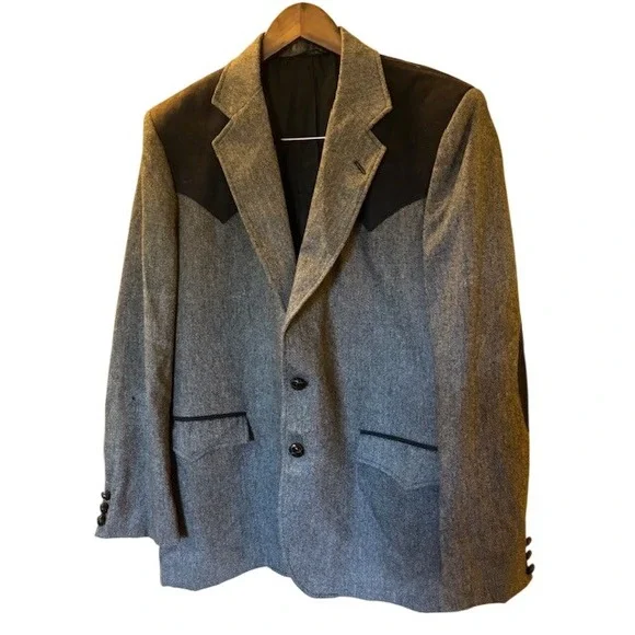 Circle S Men's Vintage Western Blazer Grey Tweed Suede Yoke Sport Coat Size 42R