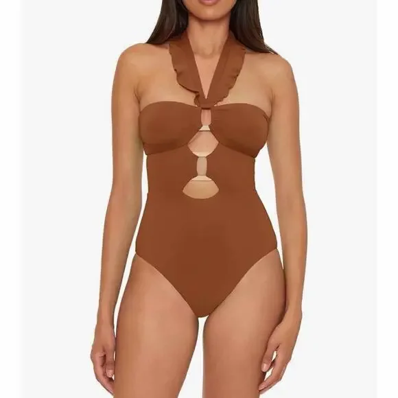 Soluna Swim Standard Buckle Up One Piece Bandeau Swimsuit Large Bronze