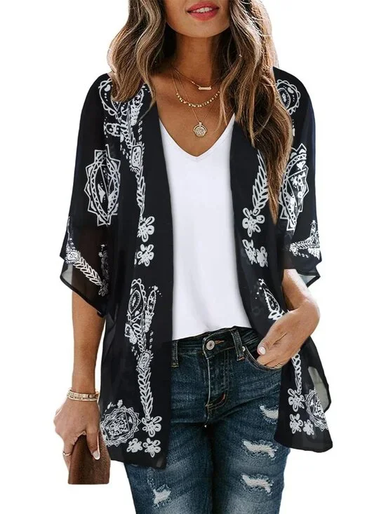 Women Black Polyester Kimono Cardigan Beach Swimwear Top Cover Up Puff Sleeve