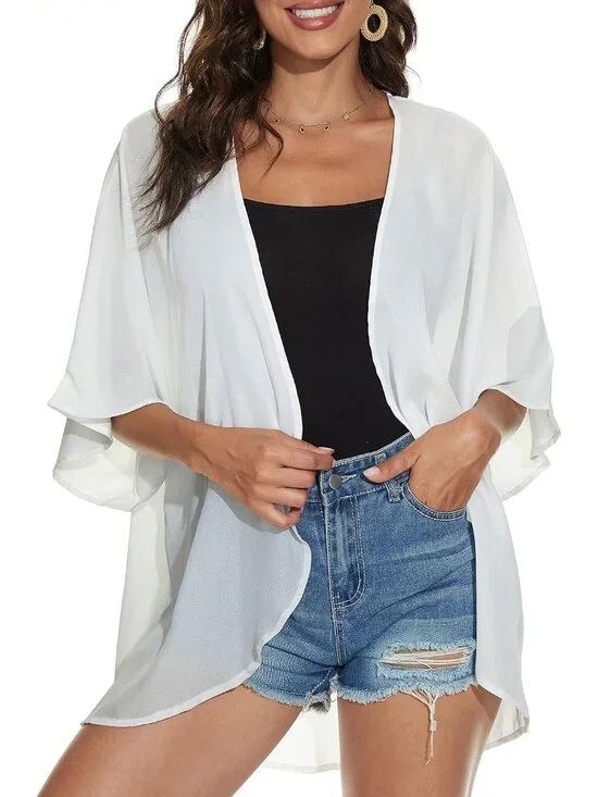 Womens White Polyester Kimono Cardigan Beach Swimwear Cover Up Top Puff Sleeve