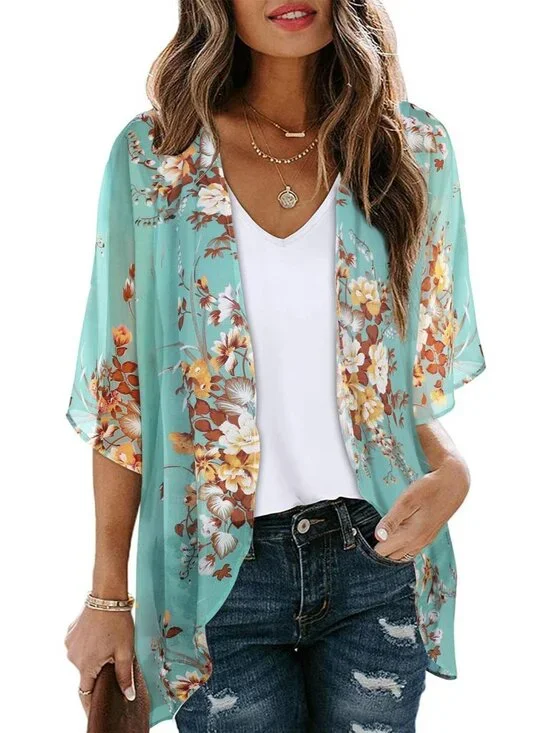 Womens Aqua Blue Polyester Kimono Cardigan Swimwear Coverup Floral Puff Sleeve