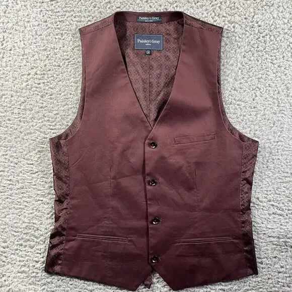 Paisley & Gray Slim Fit Suit Vest Waistcoat Burgundy Floral Men's Size M