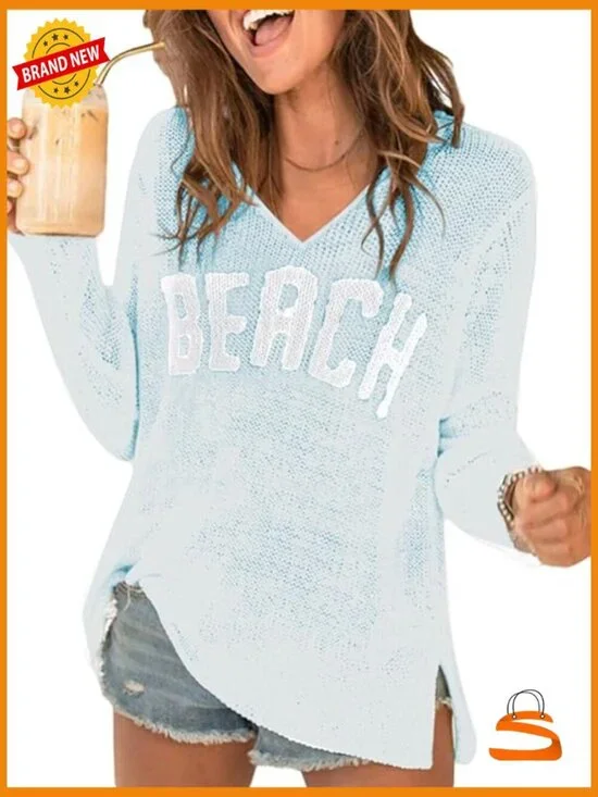 Women's Knit V-Neck Pullover Long Sleeve Beach Sweater Top