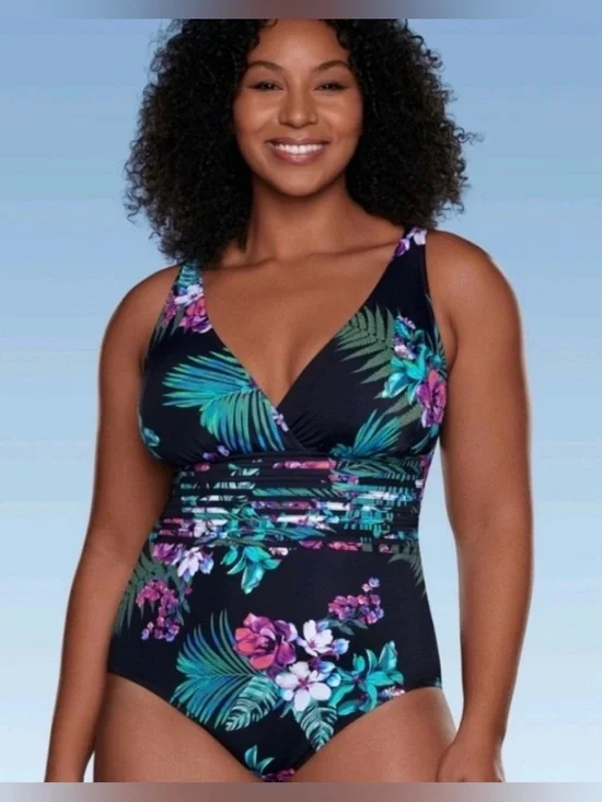 NWOT Aqua Green Floral V-Neck One-Piece Swimsuit - Black Tropical