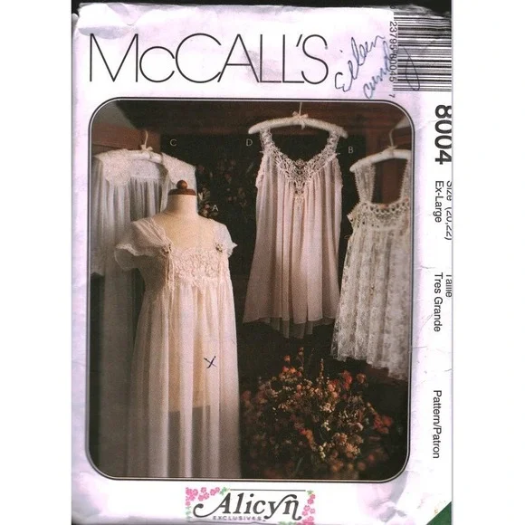 McCall's 8004 Alicyn Exclusives Lingerie Pattern Nightgown Robe Baby Doll XL CUT