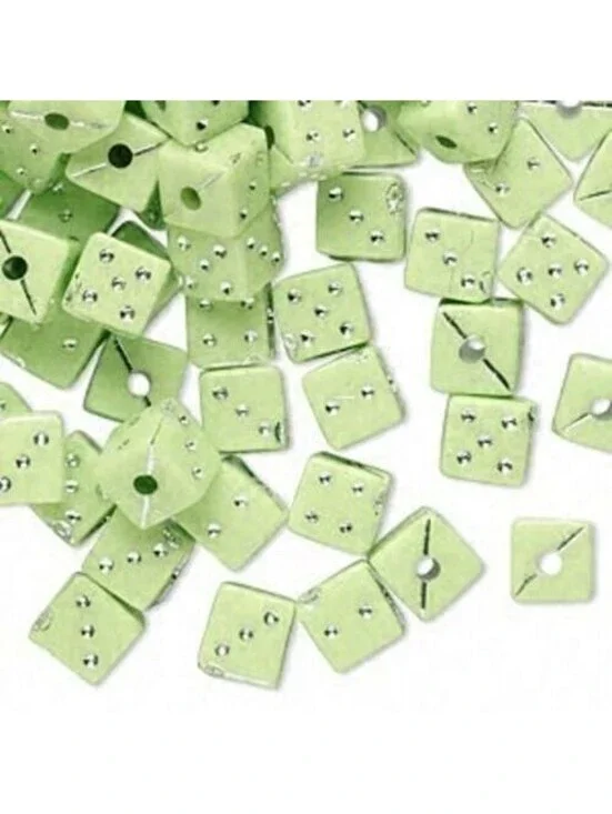 20 Retro Lime Green & Silver 6mm Fun Cube Dice Beads