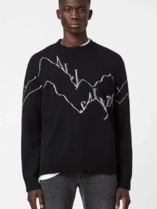 Men's Black Crewneck Sweater with White Mountain Stitch Detail