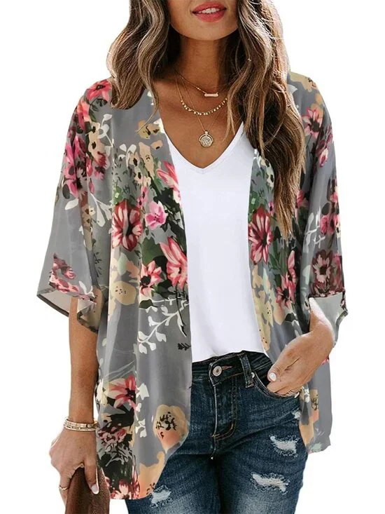 Womens Dark Grey Polyester Kimono Cardigan Swimwear Coverup Floral Puff Sleeve