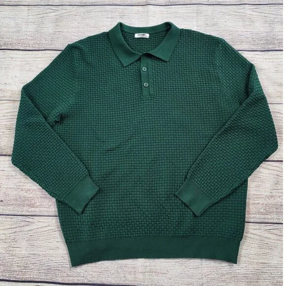 Coofandy Polo Collar Sweater Size XXL Crosshatch Textured Pattern Green