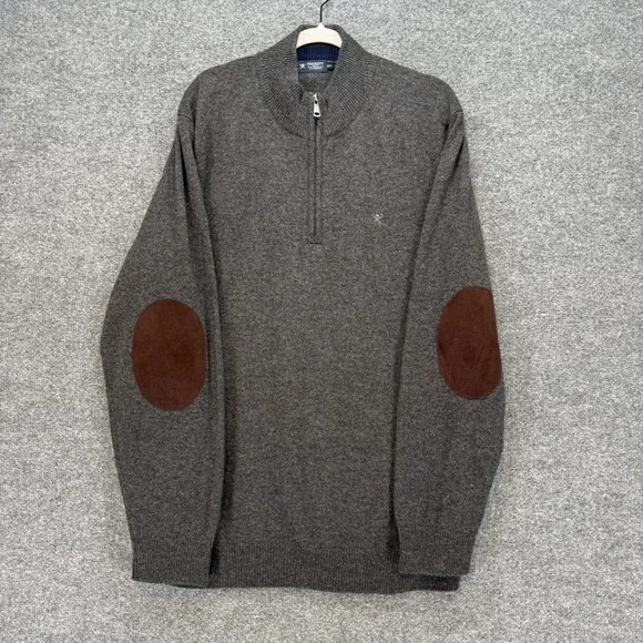 Hackett London Sweater Mens XXXL Gray Lambswool 1/4 Zip Elbow Patch Pullover