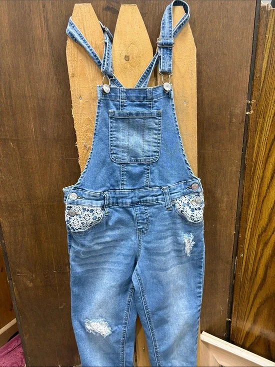 Justice Light Blue Denim Gilr’s Overalls with Lace-Trim Pockets
