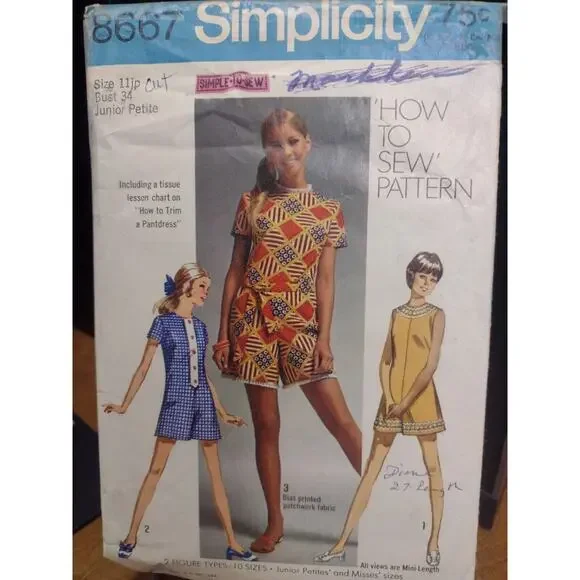 Vintage‎ Simplicity Pattern 8667 Mini-Pantdress Junior Petites'/Misses' (1969)