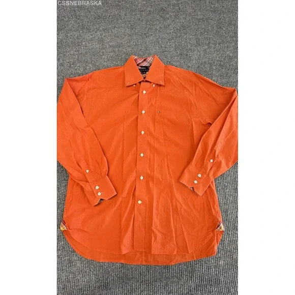 Tommy Hilfiger Mens Long Sleeve Button Down Shirt Orange Plaid Trim Contrast - M