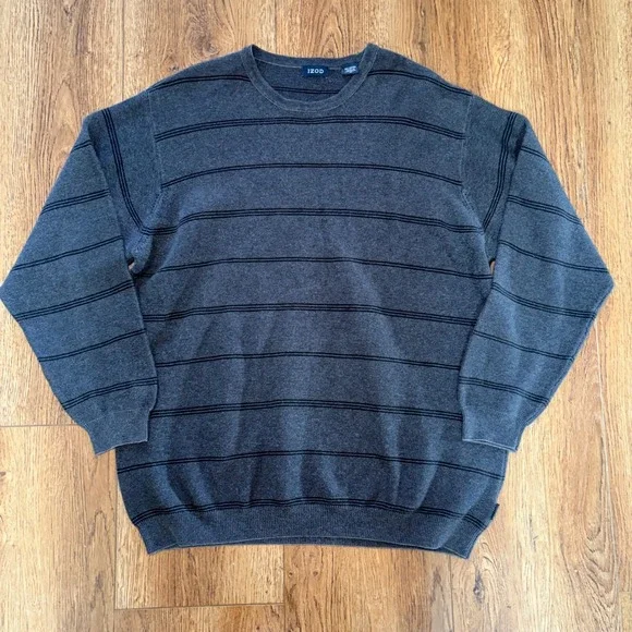 IZOD Charcoal Gray Black Striped 100% Cotton Knit Crewneck Sweater Mens XL