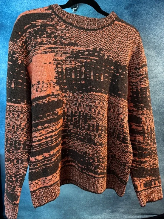 Zara Men's Black and Orange Patterned Knit Sweater