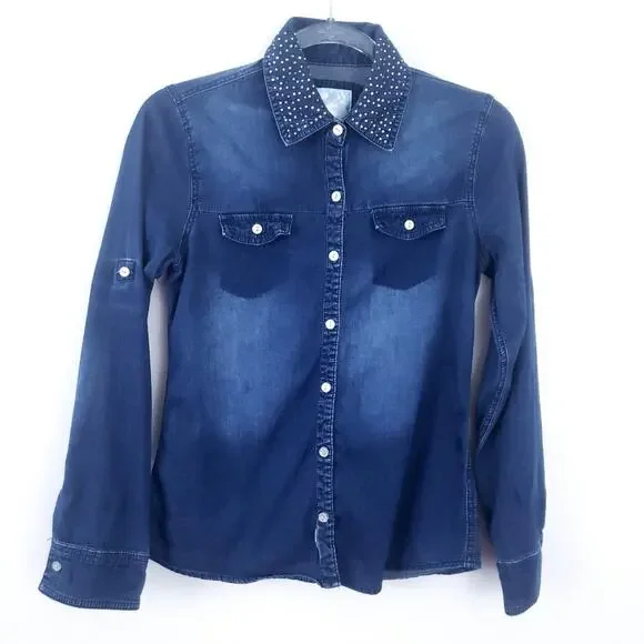 Justice Ombre Denim Shirt Rhinestone Size 16 Girls Kids Long Sleeve Button Down