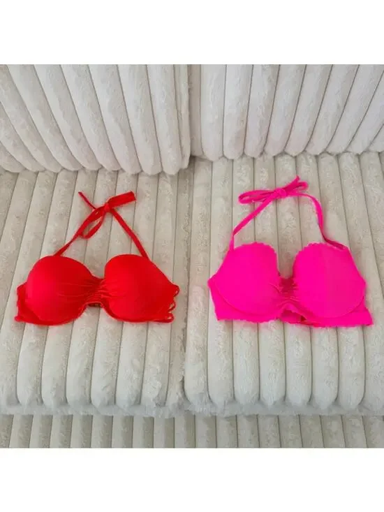 Victoria's Secret Lot‎ of 2 Swimwear Bikini Tops Padded Halter Tie 36C